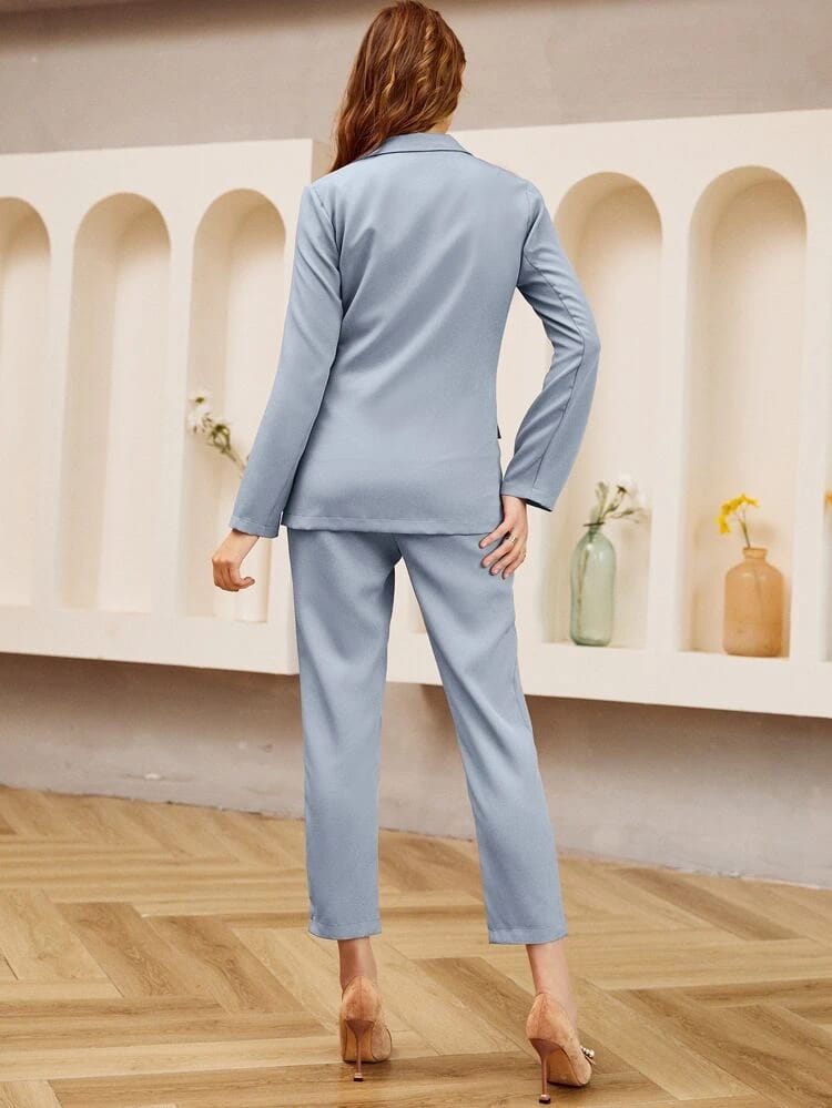 Simplee Double Button Blazer & Belted Pants Set freeshipping - Kendiee