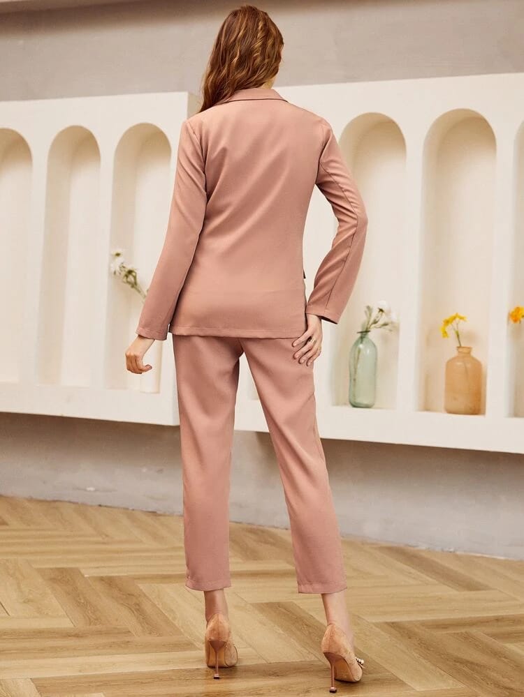 Double Button Blazer And Belted Pants Set freeshipping - Kendiee