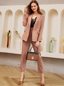 Double Button Blazer And Belted Pants Set freeshipping - Kendiee