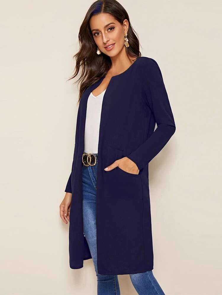 Pocket Front Open Placket Solid Coat freeshipping - Kendiee