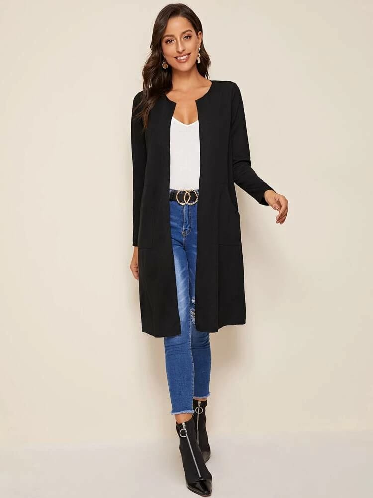 Front Pocket Open Placket Solid Coat freeshipping - Kendiee