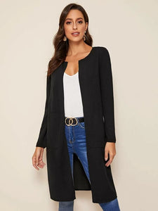 Front Pocket Open Placket Solid Coat freeshipping - Kendiee