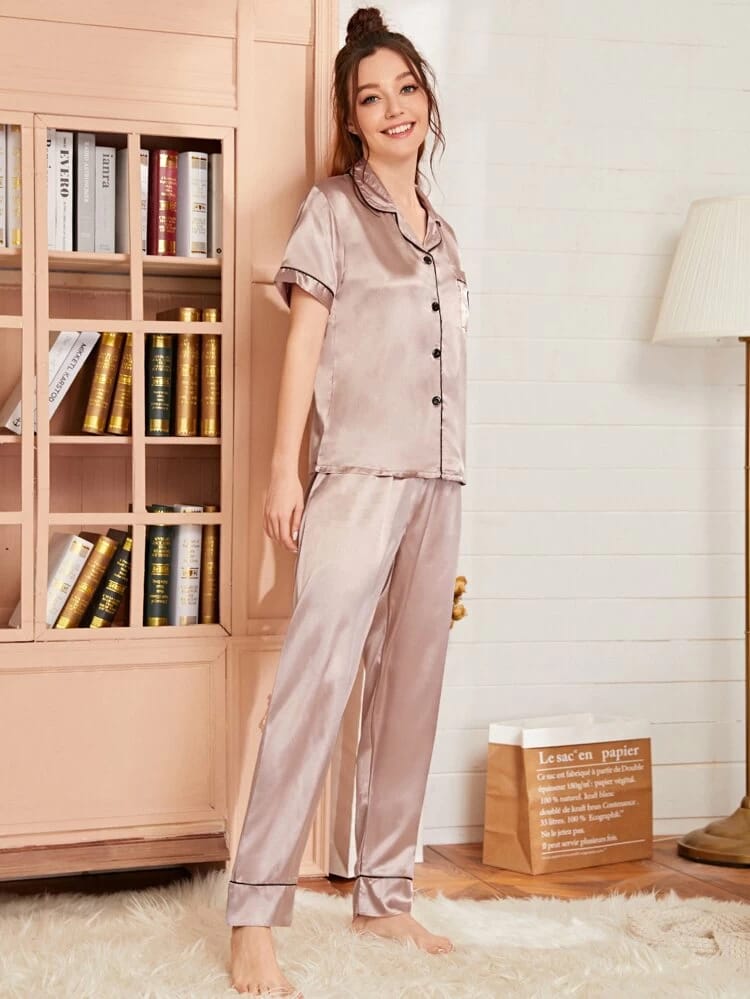 Heart Embroidery Piping Trim Satin PJ Set freeshipping - Kendiee