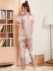 Heart Embroidery Piping Trim Satin PJ Set freeshipping - Kendiee