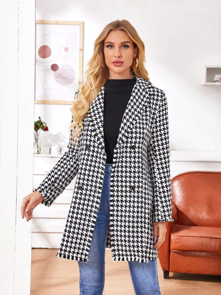 Notched Collar Buttoned Front Raw Trim Houndstooth Tweed Coat freeshipping - Kendiee