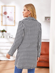 Notched Collar Buttoned Front Raw Trim Houndstooth Tweed Coat freeshipping - Kendiee