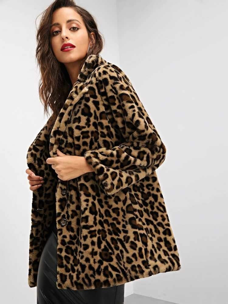 Notch Collar Leopard Print Teddy Coat freeshipping - Kendiee