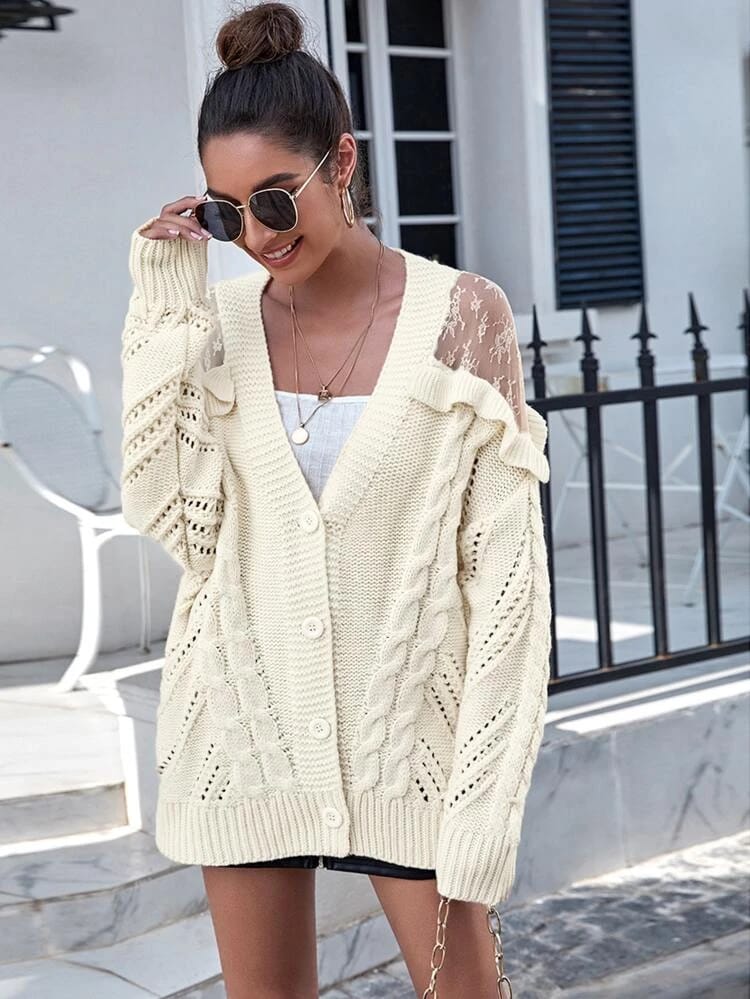 Mesh Insert Cable Knit Cardigan freeshipping - Kendiee