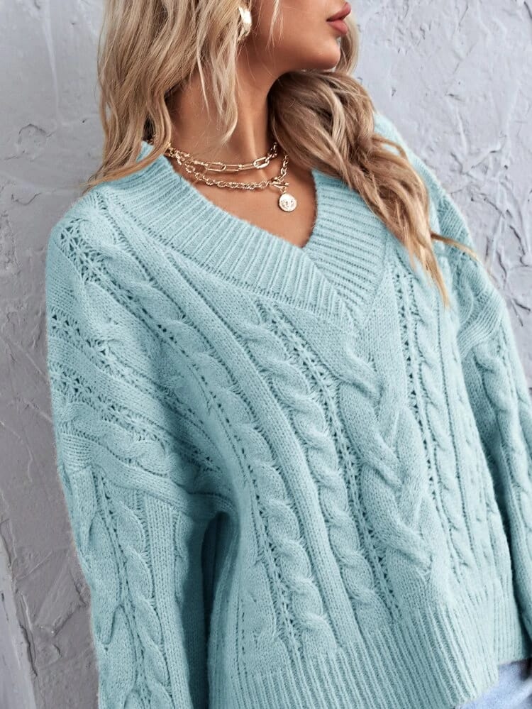 Cable Knit V-neck Oversized Sweater freeshipping - Kendiee