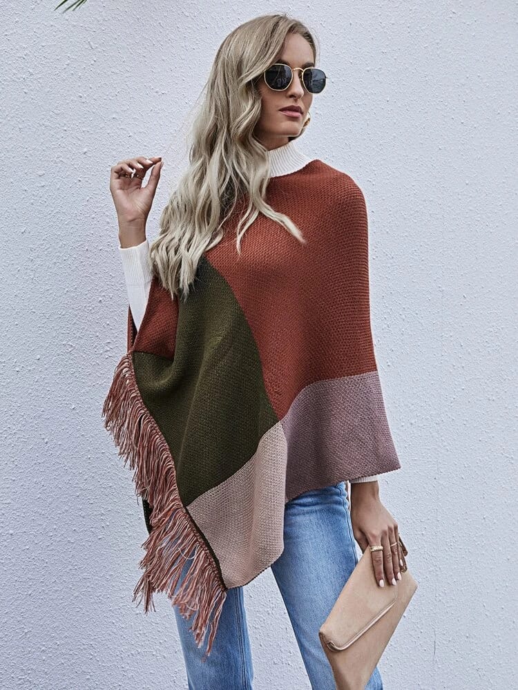 Cut And Sew Fringe Poncho Sweater freeshipping - Kendiee