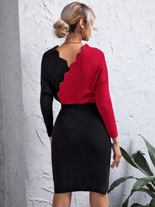 Contrast Panel Scallop Trim Sweater Dress freeshipping - Kendiee