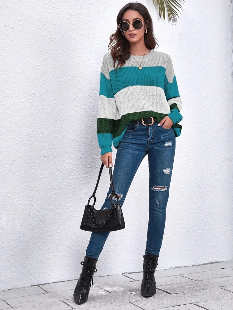 Drop Shoulder Colorblock Oversized Sweater freeshipping - Kendiee
