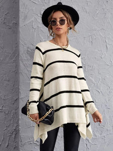 Striped Asymmetrical Hem Sweater freeshipping - Kendiee