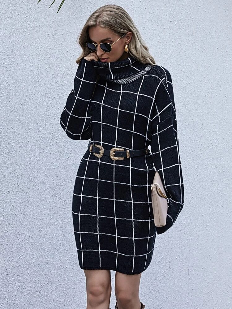 Grid Plaid Turtleneck Sweater Dress Without Belt freeshipping - Kendiee