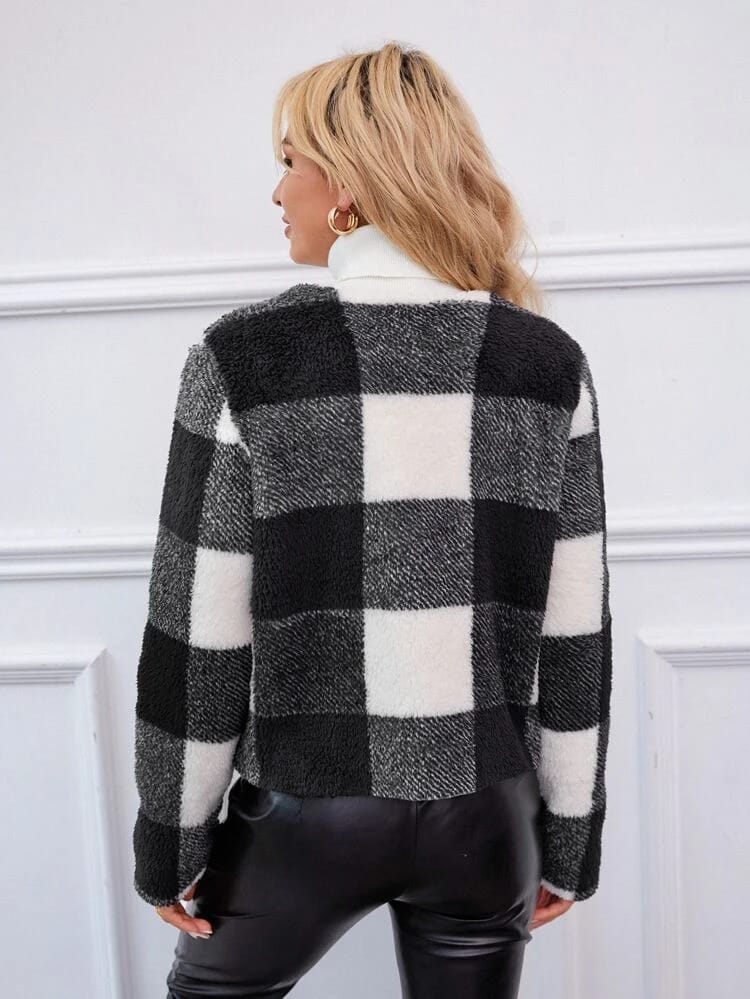Plaid Open Front Teddy Jacket freeshipping - Kendiee