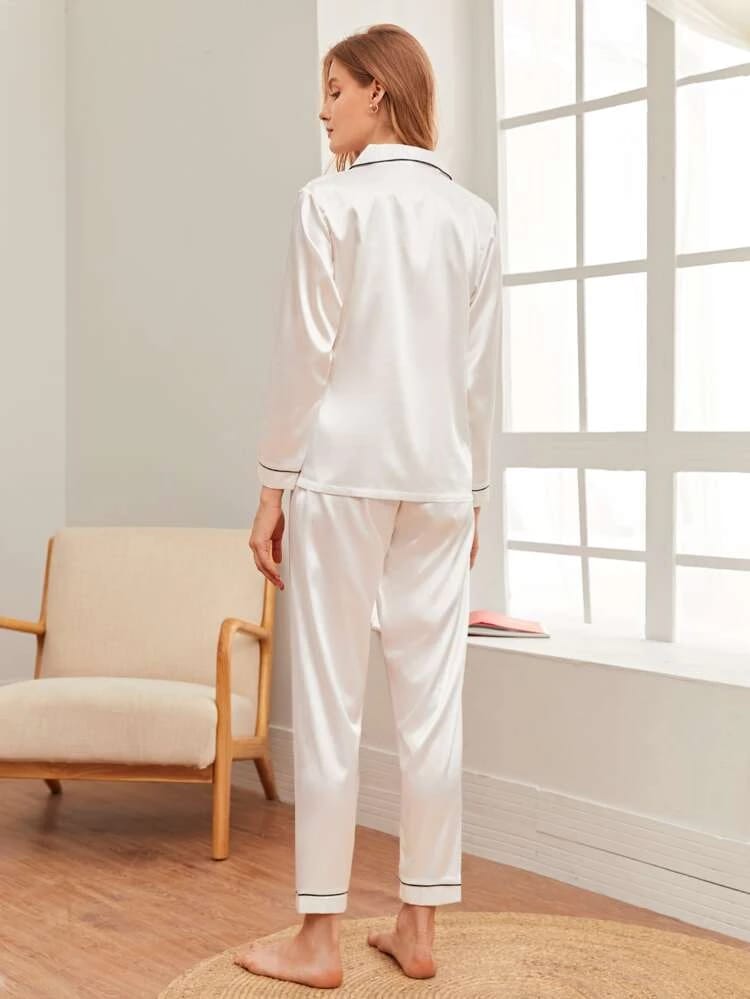 Contrast Binding Pocket Front Pajama Set freeshipping - Kendiee