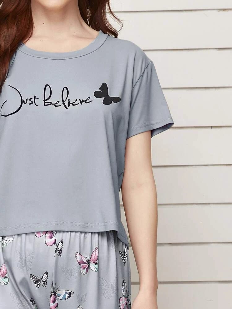 Butterfly And Slogan Graphic Short Sleeve PJ Set freeshipping - Kendiee