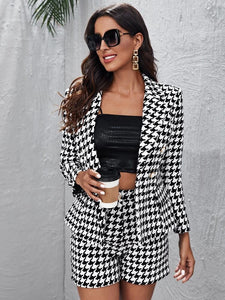 Notched Collar Double Breasted Houndstooth Tweed Blazer & Shorts Set freeshipping - Kendiee