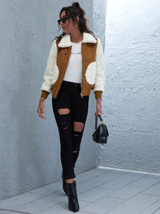 Suede Contrast Shearling Colorblock Jacket freeshipping - Kendiee