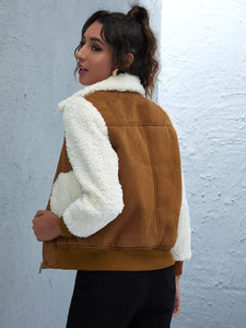 Suede Contrast Shearling Colorblock Jacket freeshipping - Kendiee