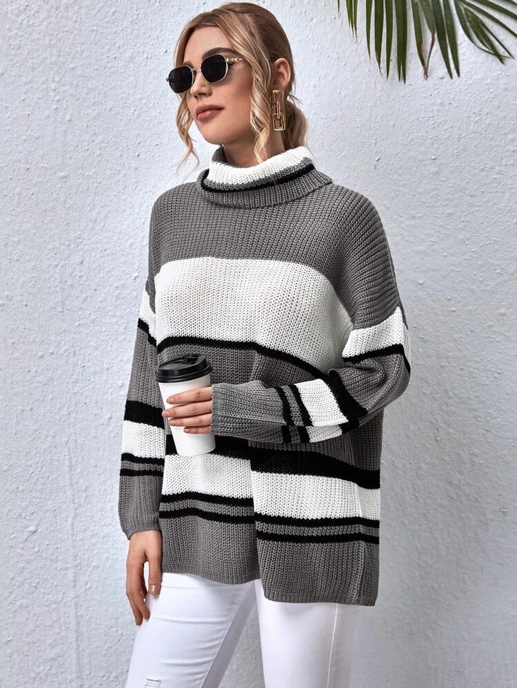 Drop Shoulder Color Block Boxy Sweater freeshipping - Kendiee
