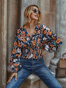 Allover Floral Shirred Waist Blouse freeshipping - Kendiee