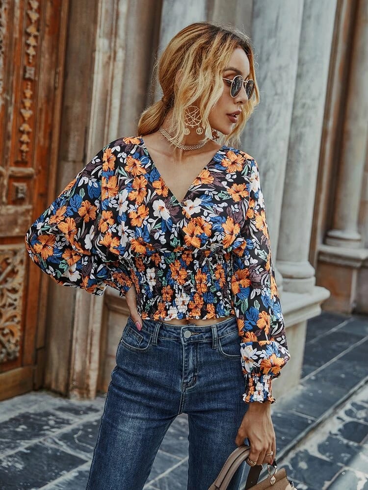 Allover Floral Shirred Waist Blouse freeshipping - Kendiee