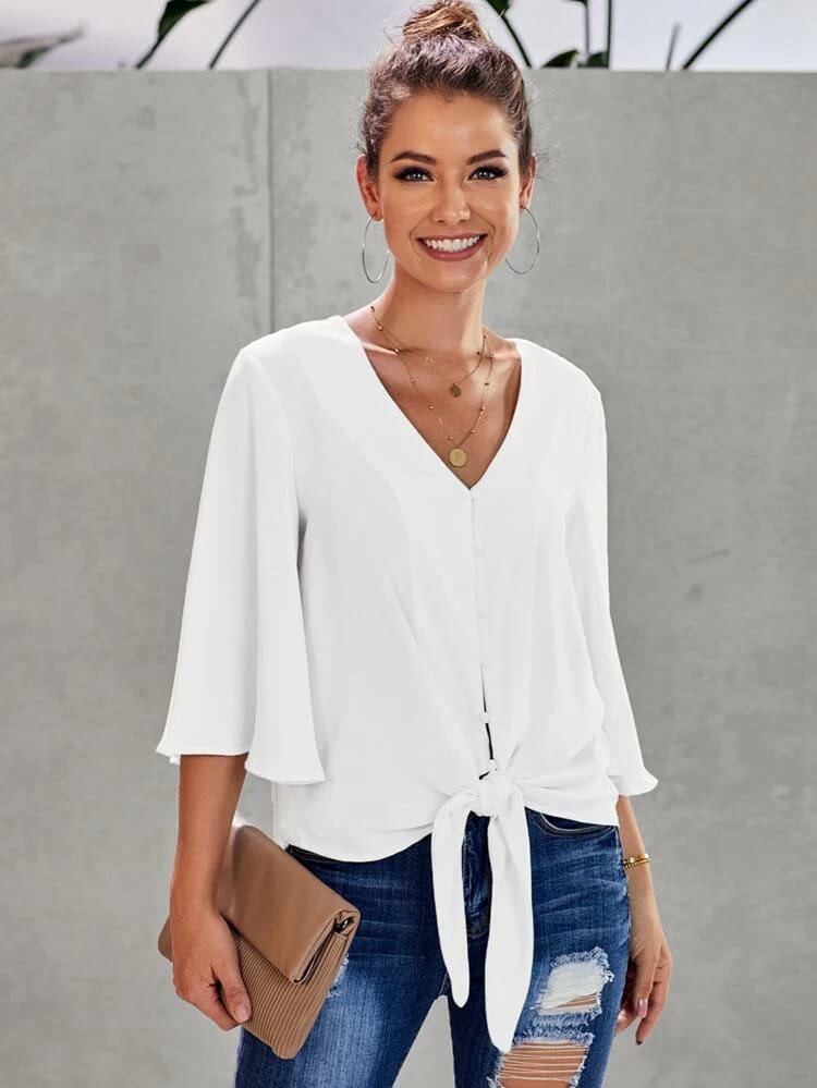 Button Front Knotted Hem Blouse freeshipping - Kendiee