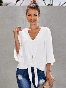 Button Front Knotted Hem Blouse freeshipping - Kendiee