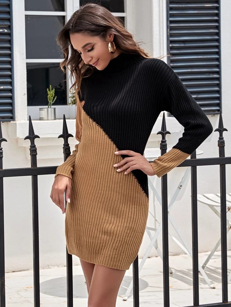 Two Tone Rib-knit Fitted Dress freeshipping - Kendiee
