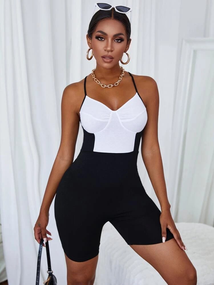 Two Tone Backless Skinny Romper freeshipping - Kendiee