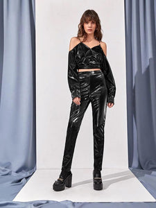 Cold Shoulder Zip Back PU Leather Crop Top And Pant