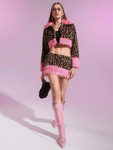 Leopard Print Contrast Fuzzy Coat & Skirt Set