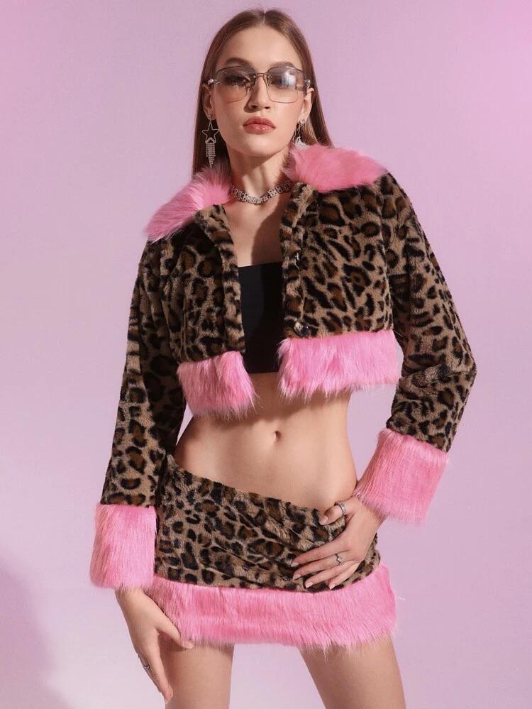 Leopard Print Contrast Fuzzy Coat & Skirt Set