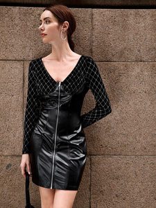 Zip Up Glitter Velvet Shoulder PU Leather Dress freeshipping - Kendiee