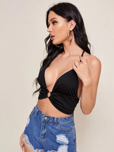 Plunging O-Ring Cropped Halter Top freeshipping - Kendiee
