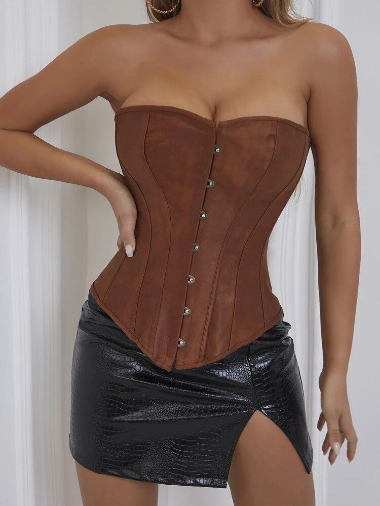 Hook And Eye Front Grommet Lace Up Suede Shapewear Top