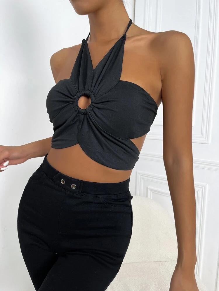 Ring Linked Ruched Tie Backless Halter Top freeshipping - Kendiee