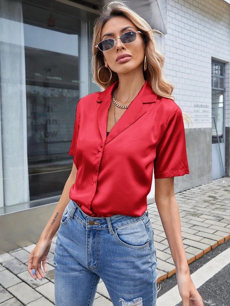 Solid Button Front Satin Blouse freeshipping - Kendiee