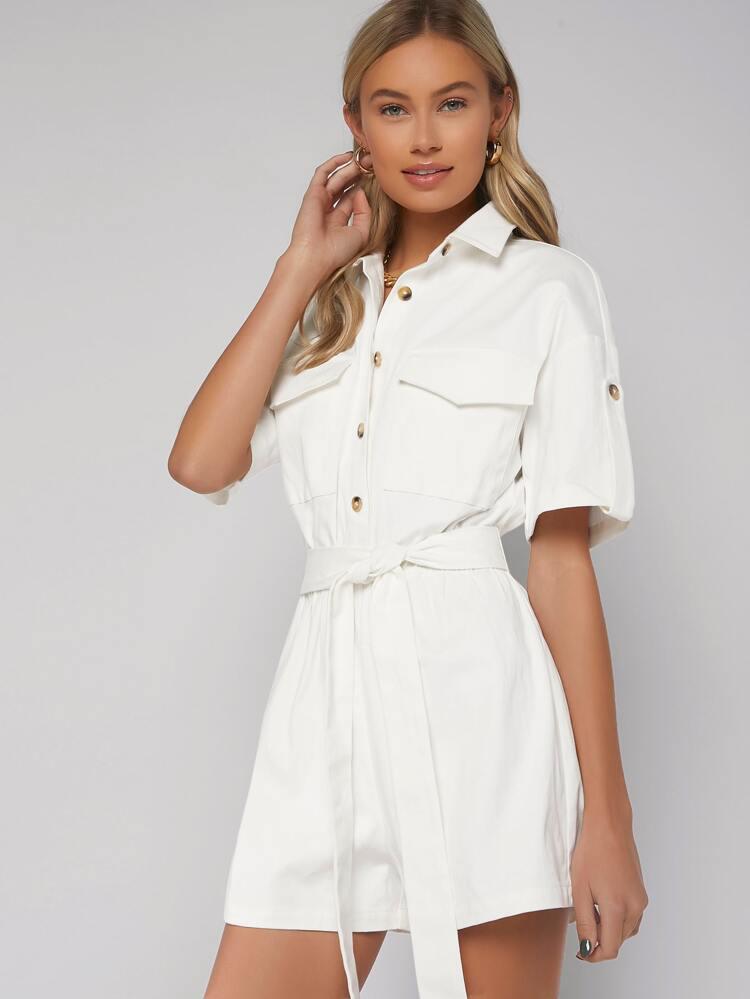 Collared Pocket Front Roll Up Sleeve Self Belted Romper freeshipping - Kendiee
