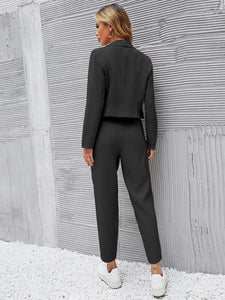 Solid Single Button Crop Blazer And Slant Pocket Suit Pants