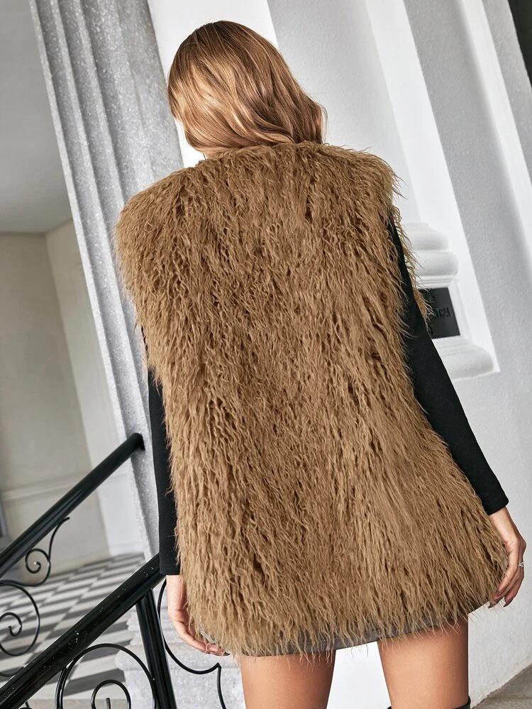 Solid Open Front Vest Fuzzy Coat