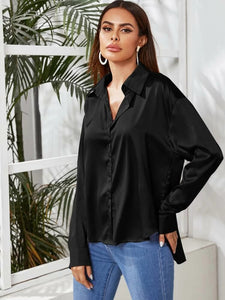 Button Up Curved Hem Satin Blouse freeshipping - Kendiee