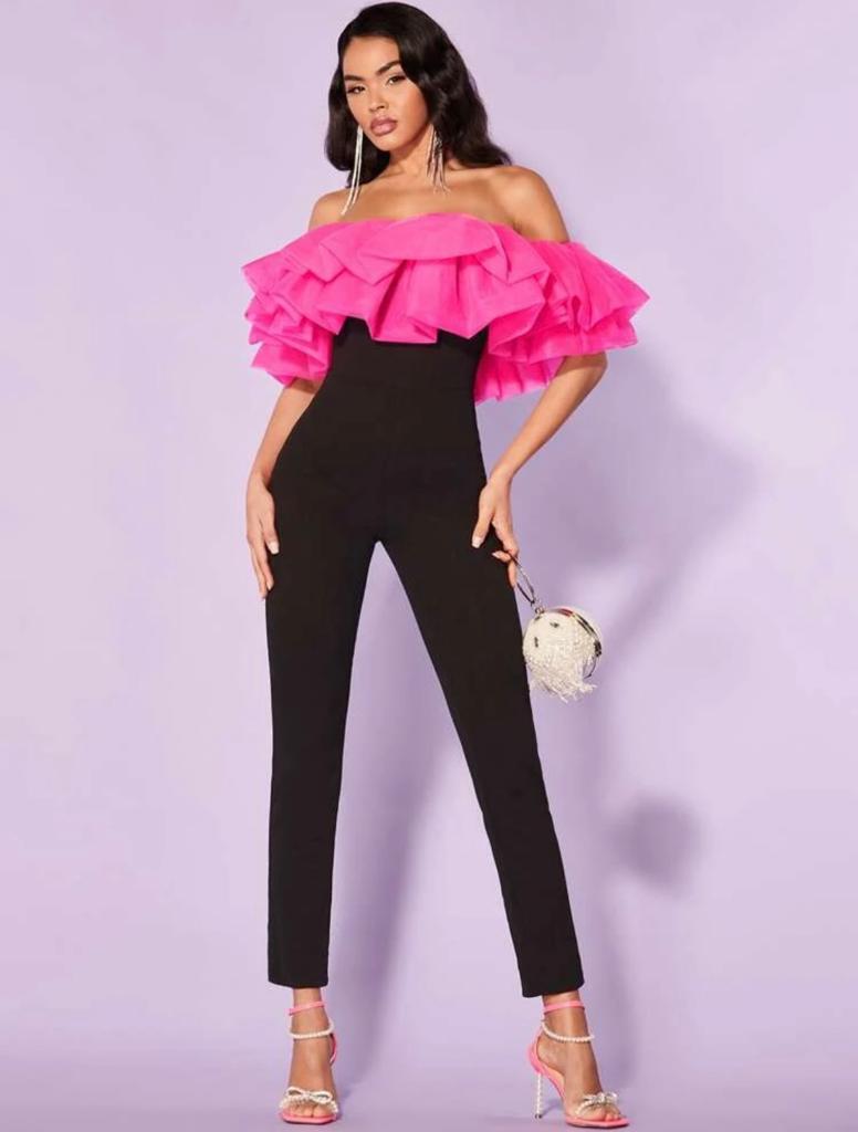 Off Shoulder Exaggerated Ruffle Trim Jumpsuit