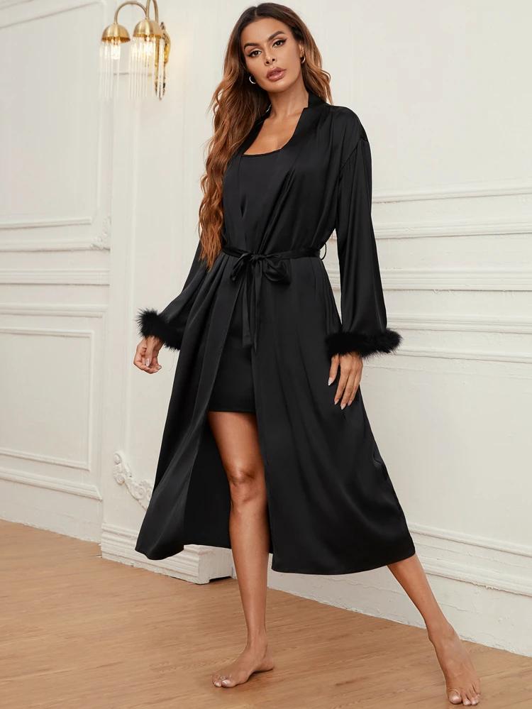 Satin Solid Cami Dress And Belted Robe PJ Set freeshipping - Kendiee
