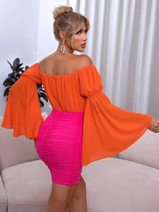 Two Tone Off Shoulder Flounce Sleeve Ruched Dress