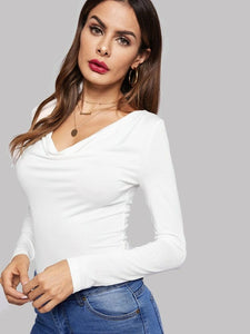 Cowl Neck Fitted Solid Tee freeshipping - Kendiee