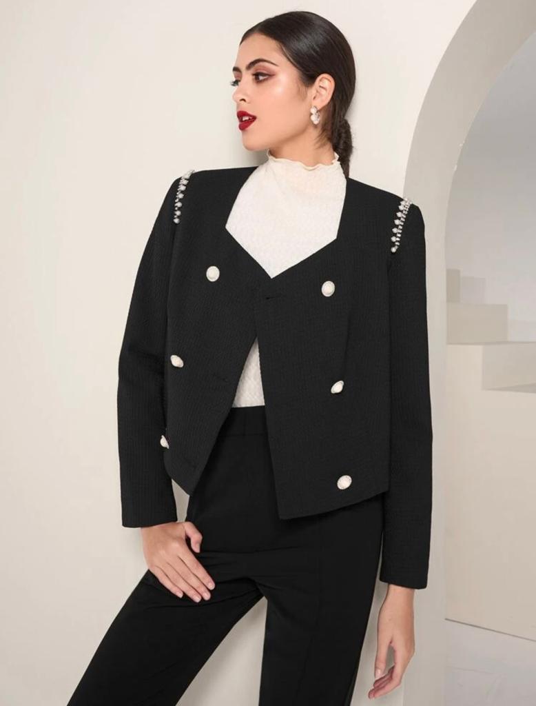 Solid Rhinestone And Pearls Detail Double Breasted Crop Jacket