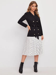 Notched Collar Double Breasted Self Belted Two Tone Polka Dot Dress freeshipping - Kendiee