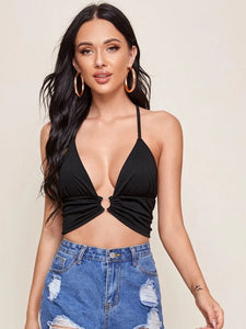 Plunging O-Ring Cropped Halter Top freeshipping - Kendiee